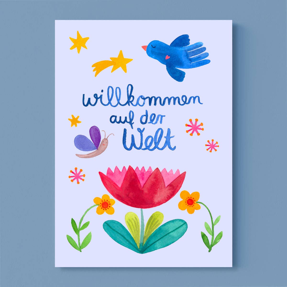 Frau Ottilie Postkarte zur Geburt *Willkommen* mit Blumen und Vogel