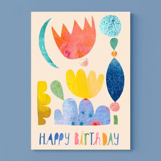 Postkarte *Happy Birthday* (mit Blumenmuster)