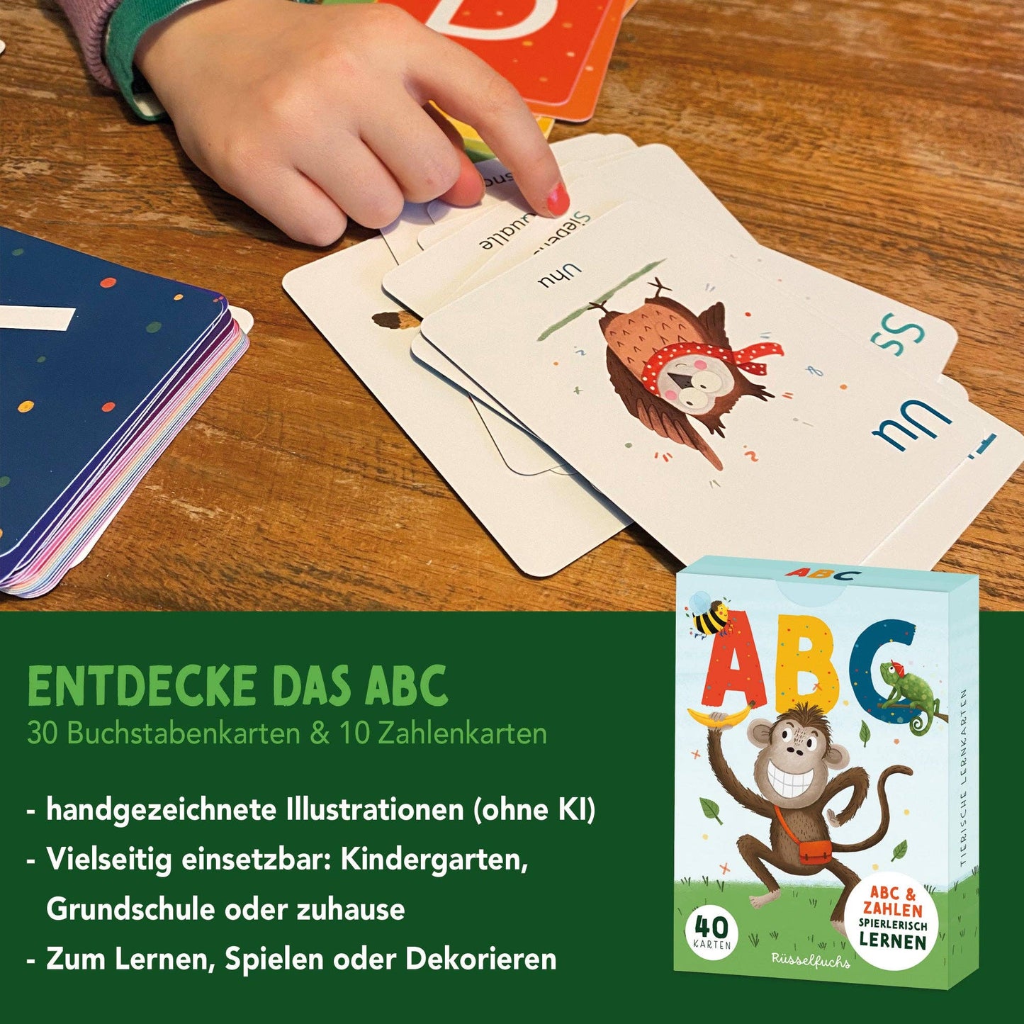 Rüsselfuchs- ABC-Kartenset mit 30 Buchstabenkarten und 10 Zahlenkarten