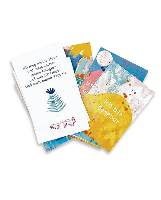 Frau Ottilie Affirmationskartenset mit farbenfrohen, inspirierenden Karten, die positive Gedanken und Selbstbewusstsein fördern.