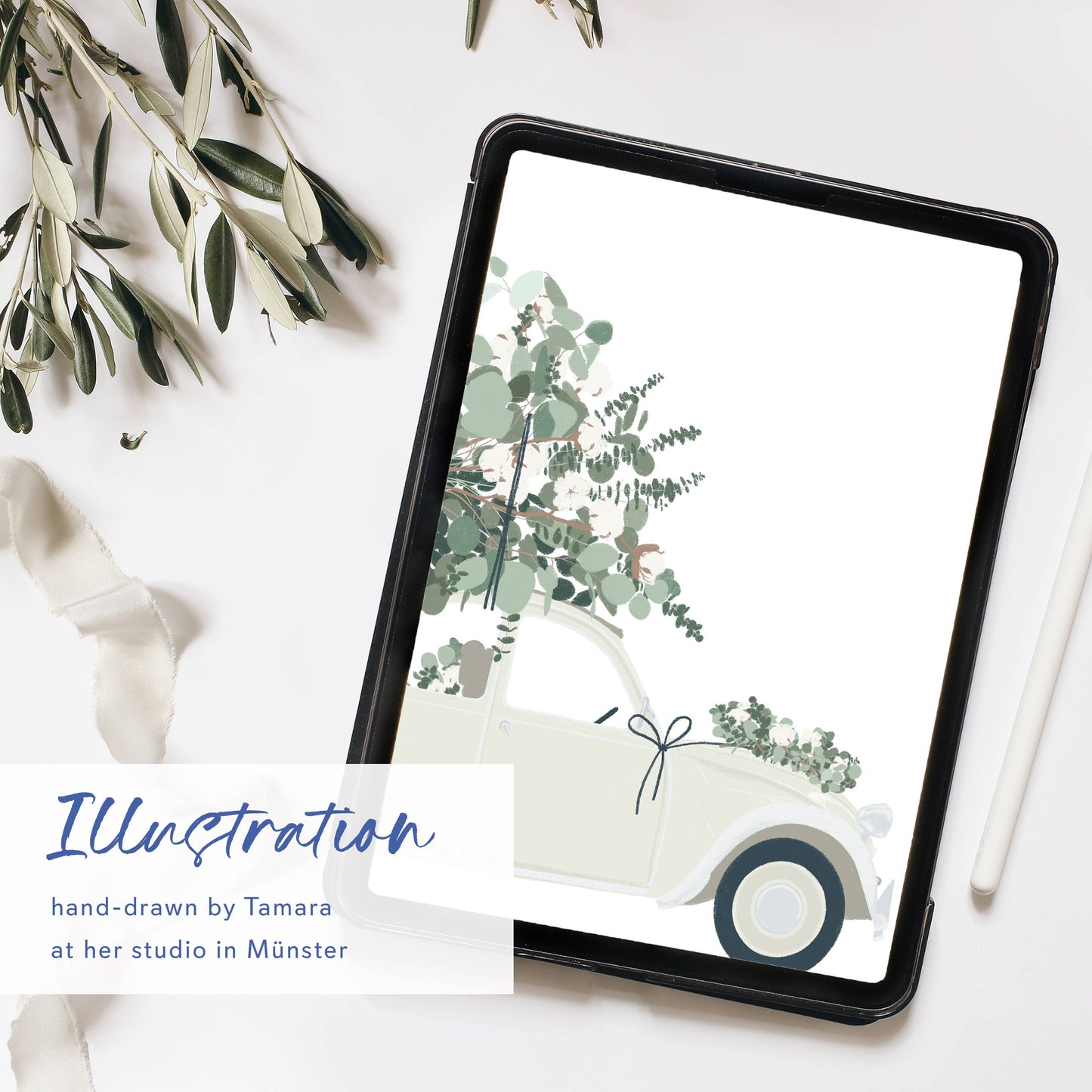 Wildblumenatelier Klappkarte 'just married' mit süßem Auto und Eukalyptus