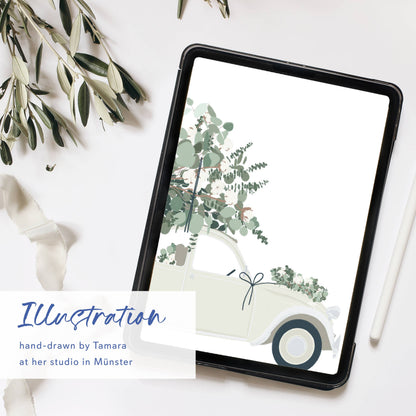 Wildblumenatelier Klappkarte 'just married' mit süßem Auto und Eukalyptus