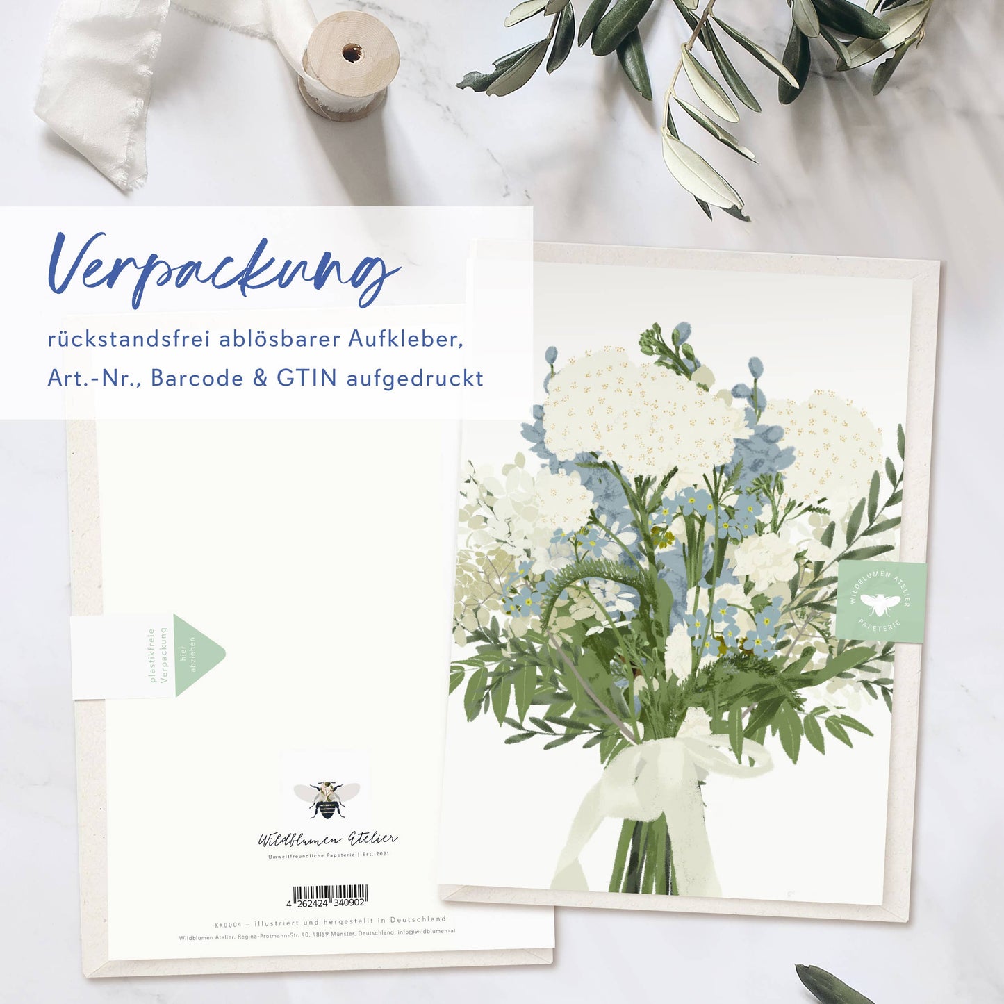 Wildblumenatelier Klappkarte für Blumenstrauß mit blauen und weißen Blumen