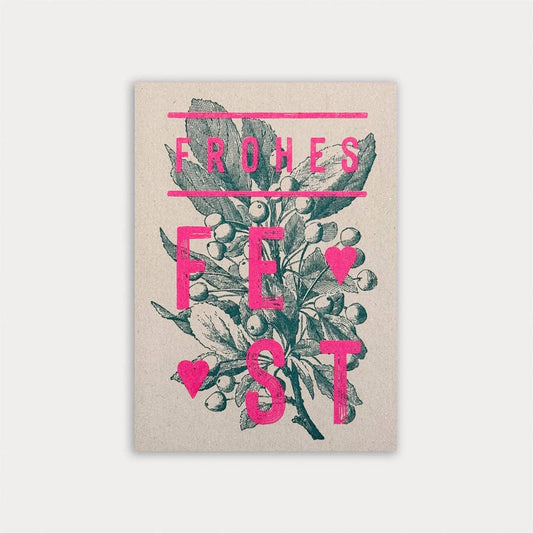Postkarte / Typo / Frohes Fest / Pink & Teal