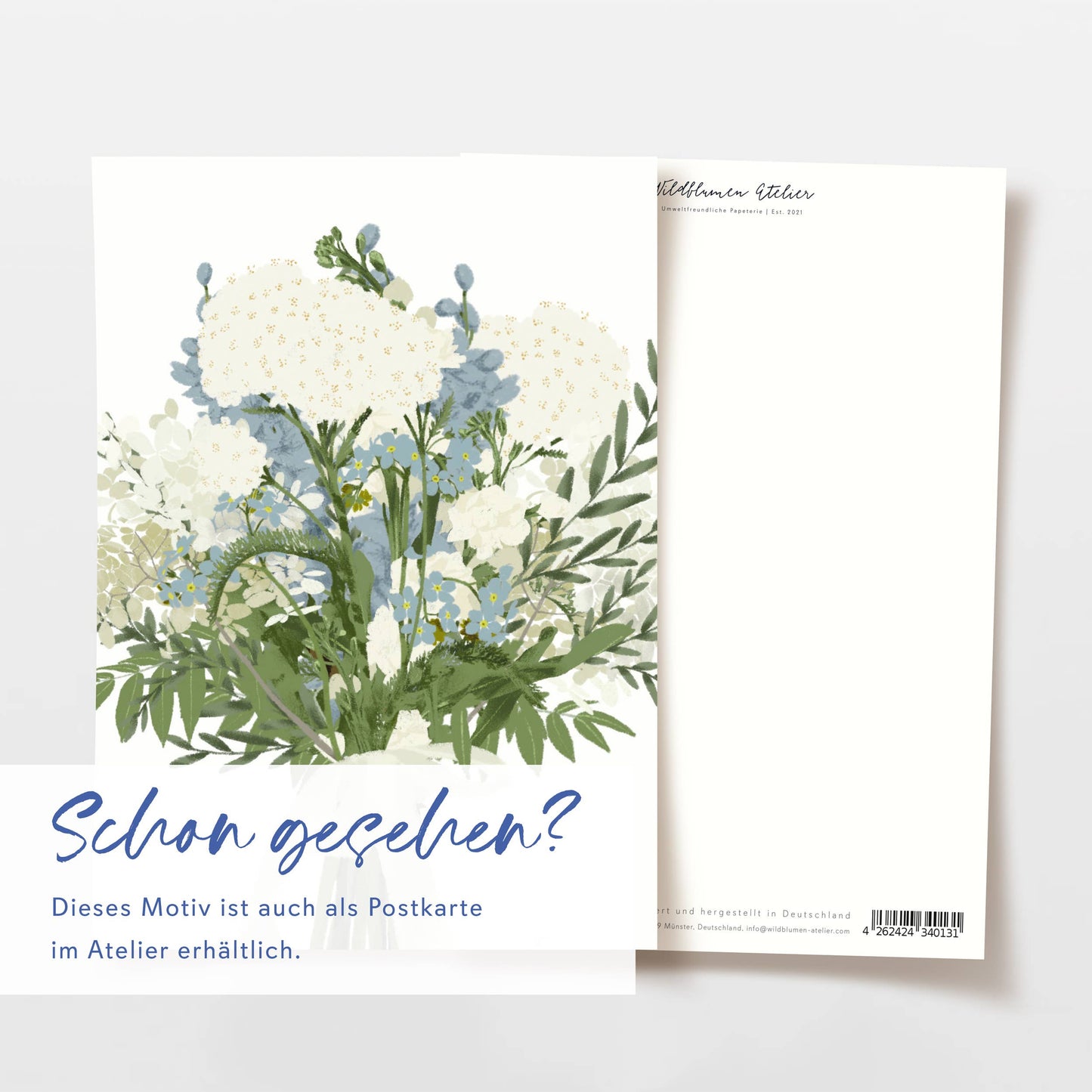 Wildblumenatelier Klappkarte für Blumenstrauß mit blauen und weißen Blumen