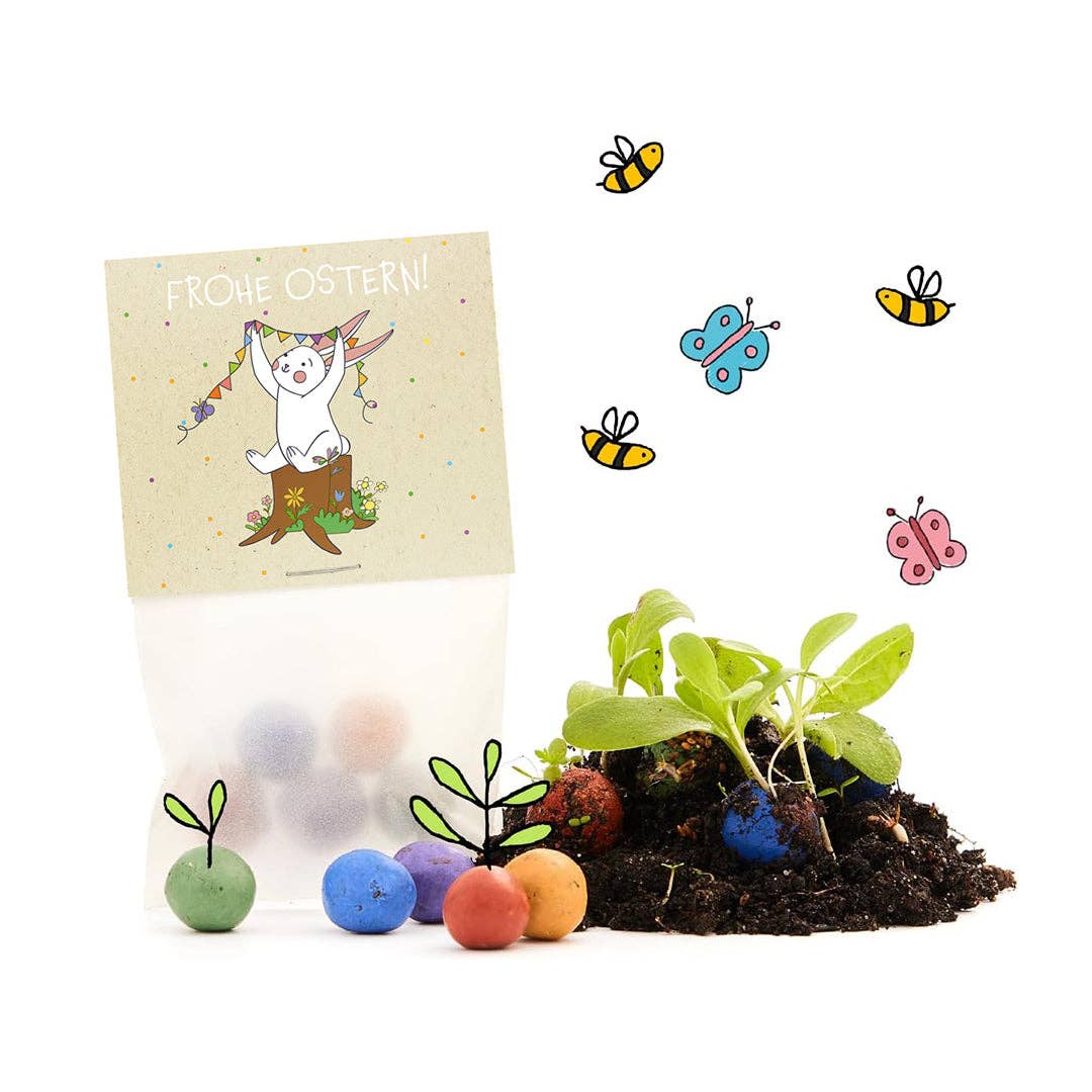 5er Blumenmurmeln im Pergaminbeutel - Frohe Ostern - Hase mit Deko