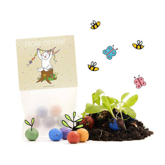 5er Blumenmurmeln im Pergaminbeutel - Frohe Ostern - Hase mit Deko
