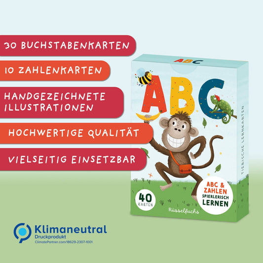 Rüsselfuchs- ABC-Kartenset mit 30 Buchstabenkarten und 10 Zahlenkarten