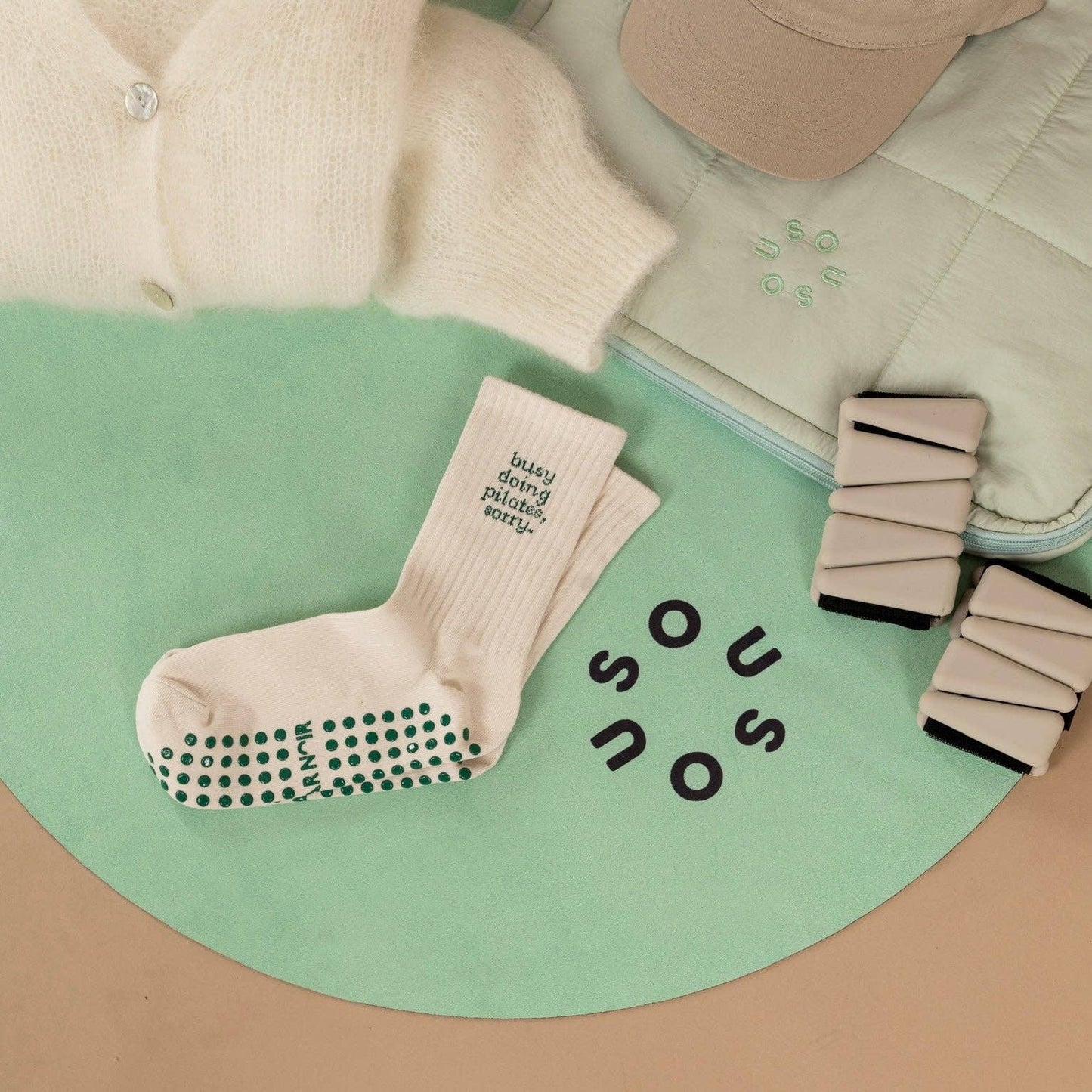 BazaarNoir Grip Socken  "Busy Doing Pilates/ meet me for matcha Beige"