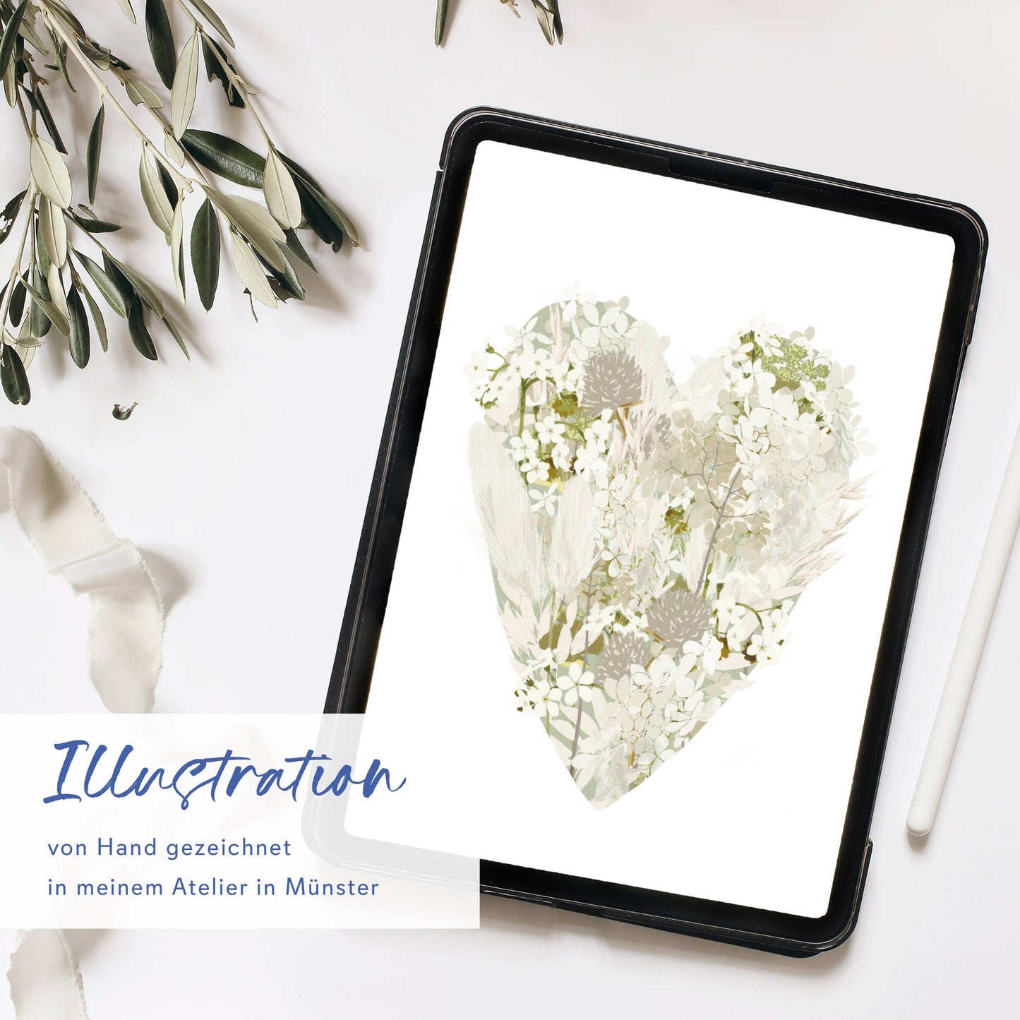 Wildblumen Atelier Klappkarte Herz aus crémefarbenen Blumen