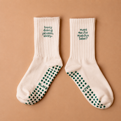 BazaarNoir Grip Socken  "Busy Doing Pilates/ meet me for matcha Beige"