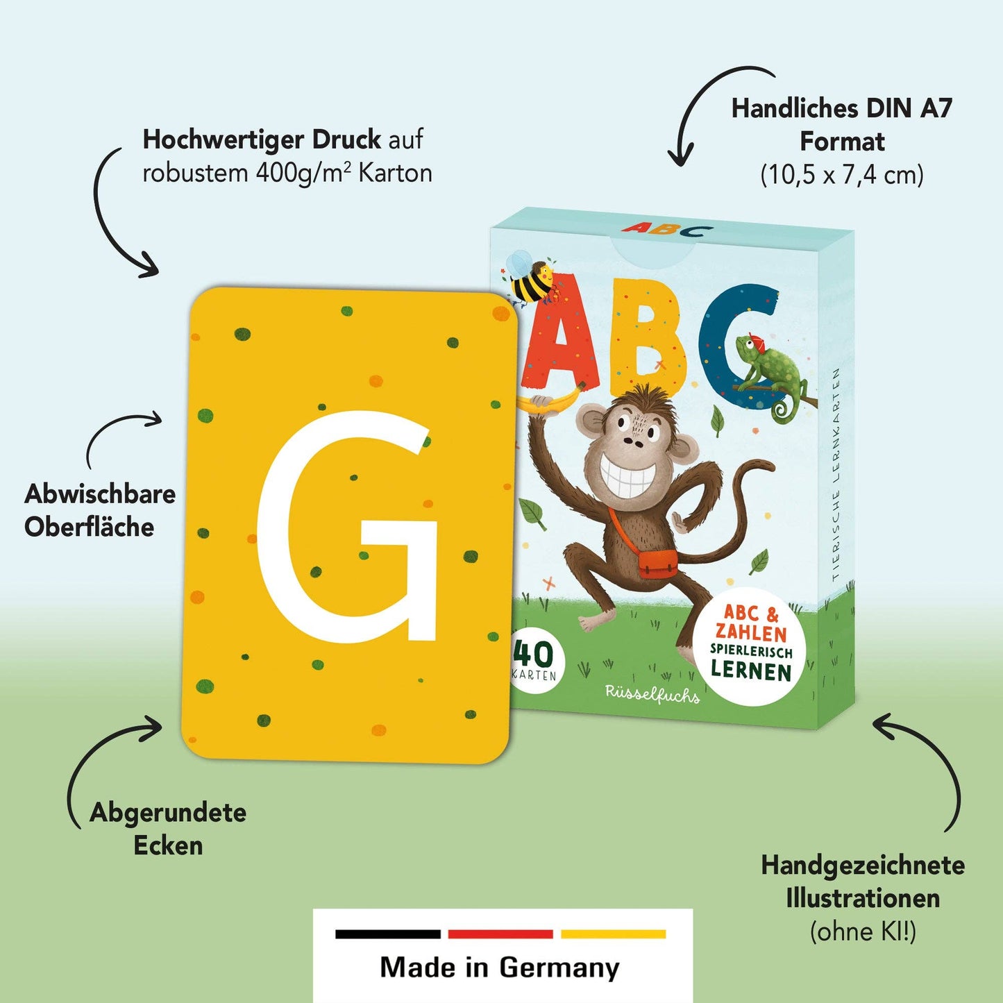Rüsselfuchs- ABC-Kartenset mit 30 Buchstabenkarten und 10 Zahlenkarten