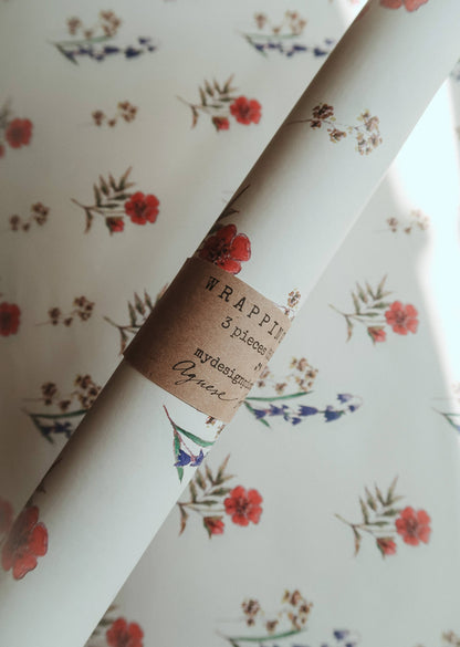 My Designpicture Geschenkpapier mit Blumen in Blau und Rot, 3-teiliges Set