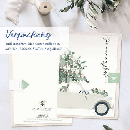 Wildblumenatelier Klappkarte 'just married' mit süßem Auto und Eukalyptus