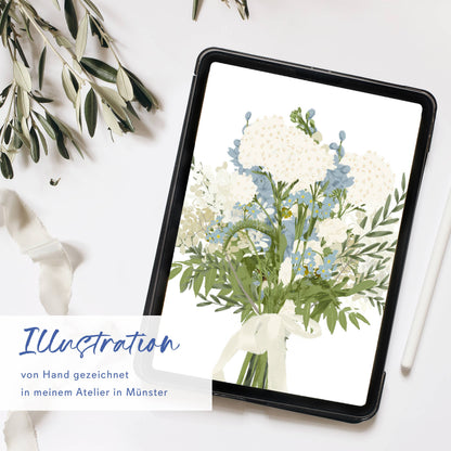 Wildblumenatelier Klappkarte für Blumenstrauß mit blauen und weißen Blumen